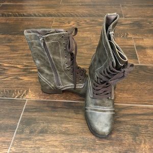 Brown lace up moto boots